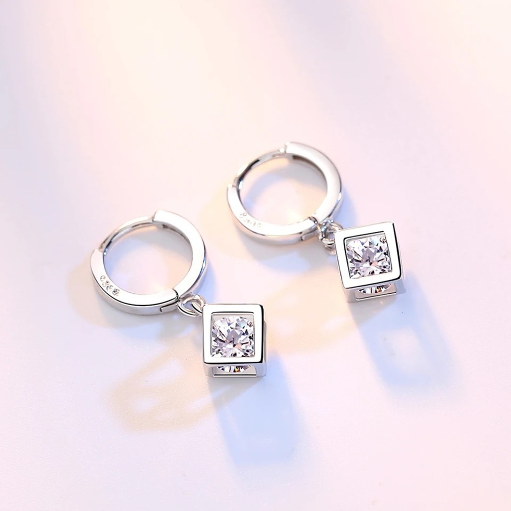 925 Sterling Silver Crystal Hollow Square Box Drop Earrings
